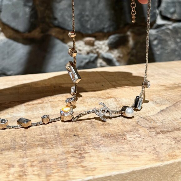 Chanel 22C Champagne Gold Crystals Pearls CC Chain Drop Necklace - Picture 7 of 11